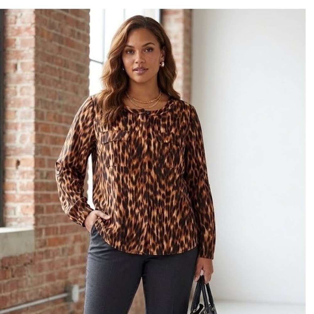 Anne Klein Leopard Print Top Roll Tab Sleeve Relaxed Blouse Brown Black Medium